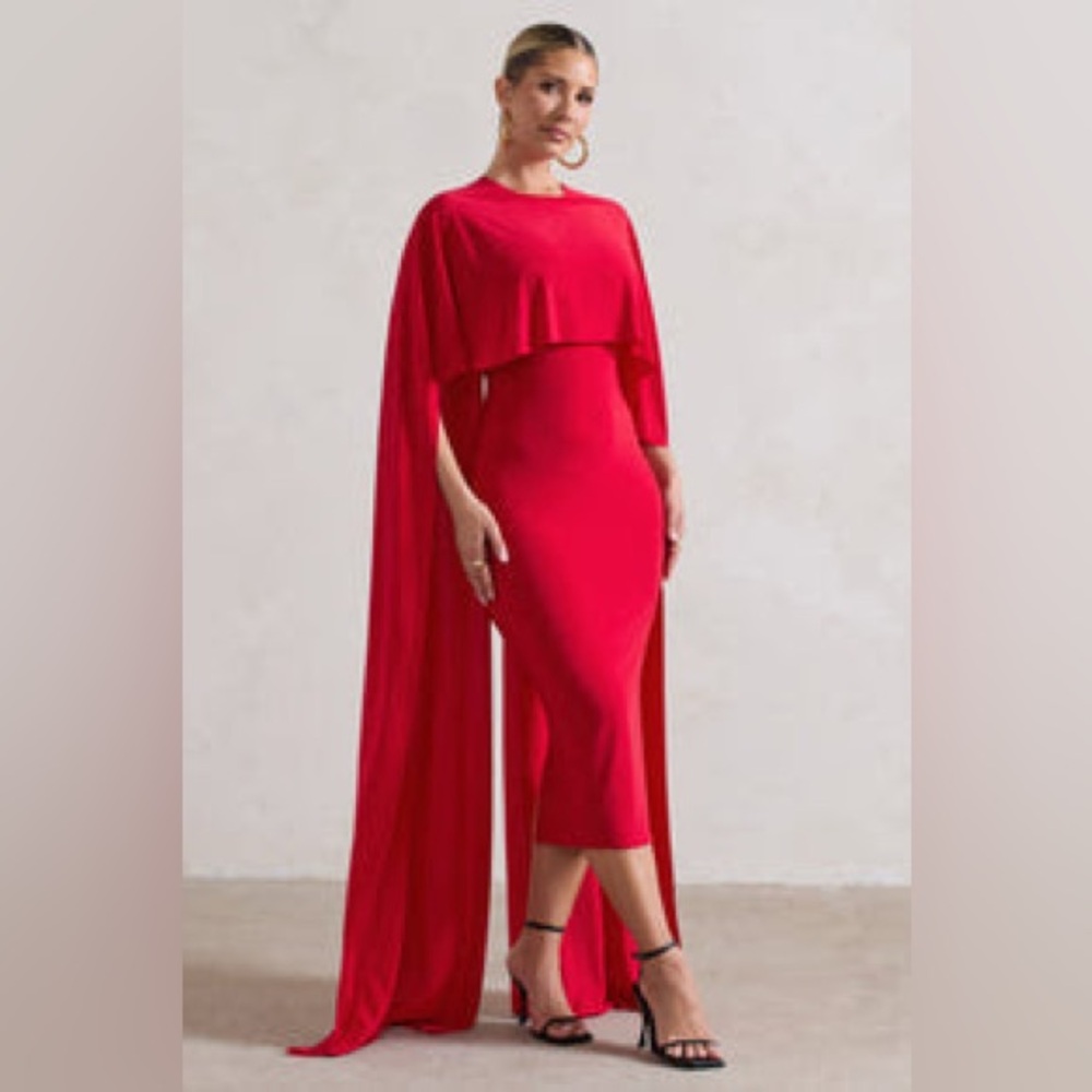 Club London Camellia | Red Midi Dress With High-Low Cape Size 8 NWT